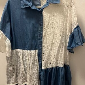Blue and White Eyelet Patchwork Dress